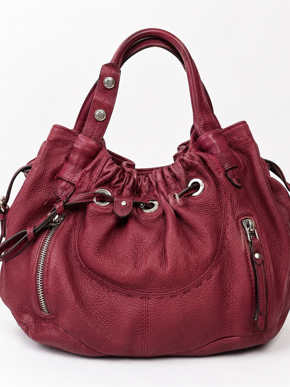 b. makowsky Burgundy Drawstring Pebbled Leather Shoulder Bag